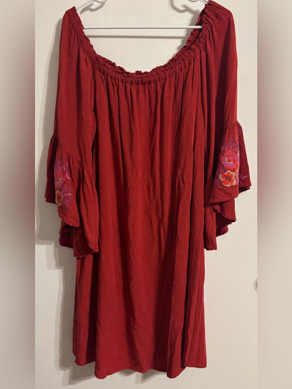 Women's Off-Shoulder Embroidered Sleeve Tunic in Deep Red